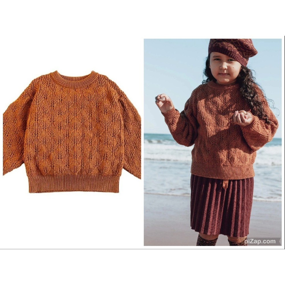 Mabli Hyfryd Sweater Girl's 12 Jumper Pullover Pointelle Amber Fine Merino Wool